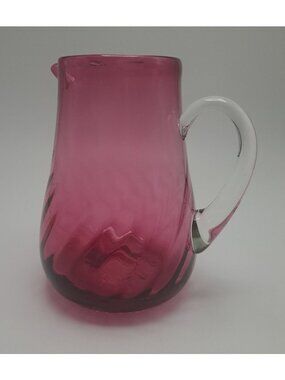 Hand Blown Pilgrim Cranberry Glass Pitcher Applied Clear Handle